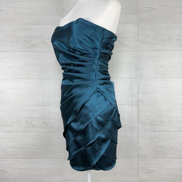 Xscape Strapless Mini Dress Size 4 Teal Satin Drape Wrap Cocktail Homecoming - Picture 5 of 16